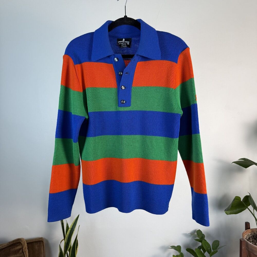 Vintage Demetre Men's Pure Virgin Wool Colorblock Striped Collared Ski Sweater L